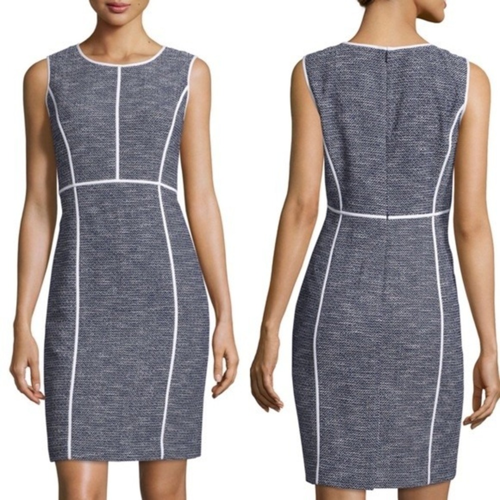 Lafayette 148 Mariana Tweed Sheath Dress Size 6 Sleeveless Navy Blue White Work